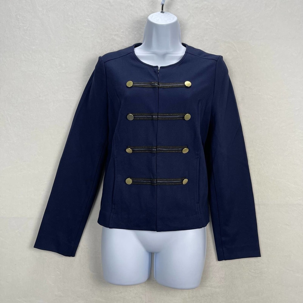 Chico's 0 Cropped Military Blazer, Stretch Fabric, Blue Jacket/Brass Tones SMALL